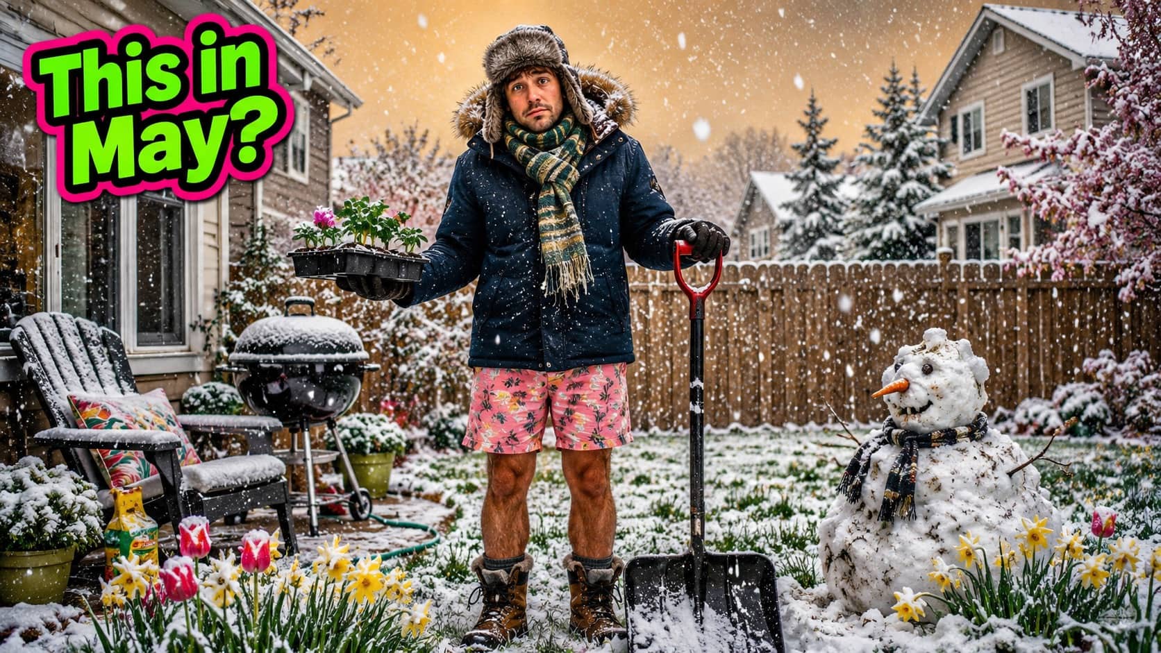 Man in winter coat and shorts holding a shovel in a snowy springtime garden backyard.
