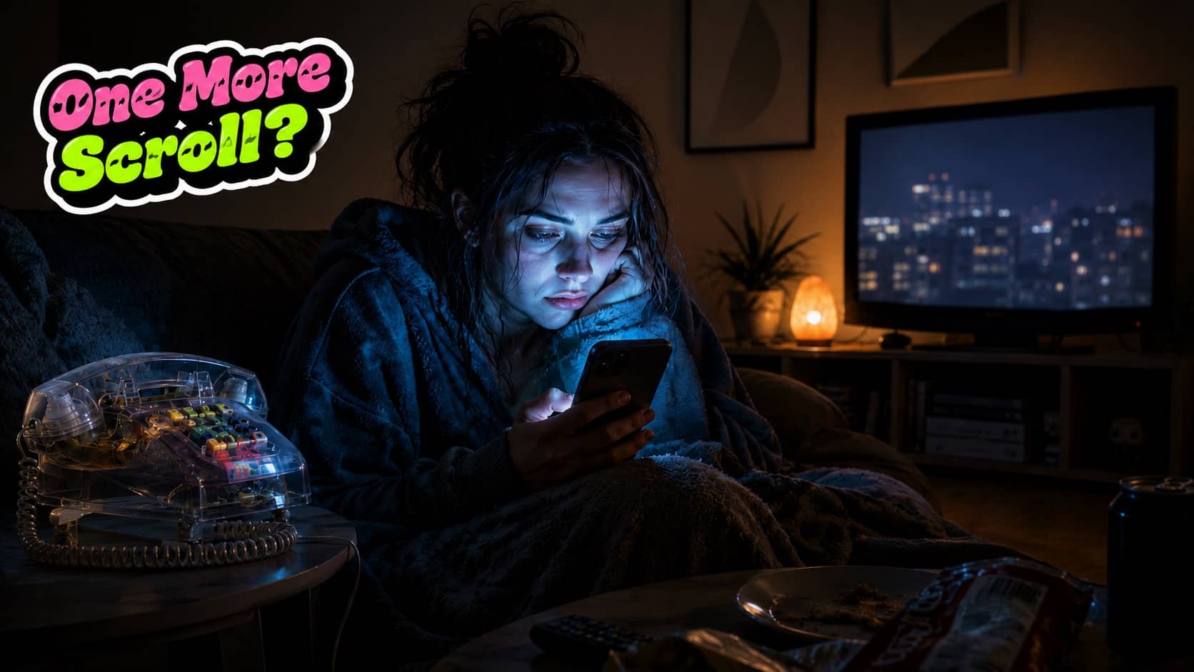 Woman doomscrolling on her phone in a dark room with a transparent vintage telephone nearby.