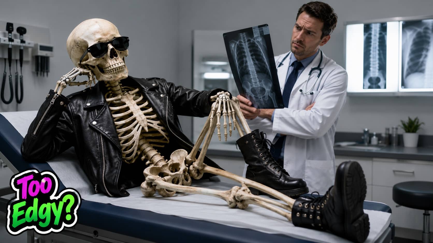 Skeleton wearing a leather jacket lying on a medical table with Too Edgy text.