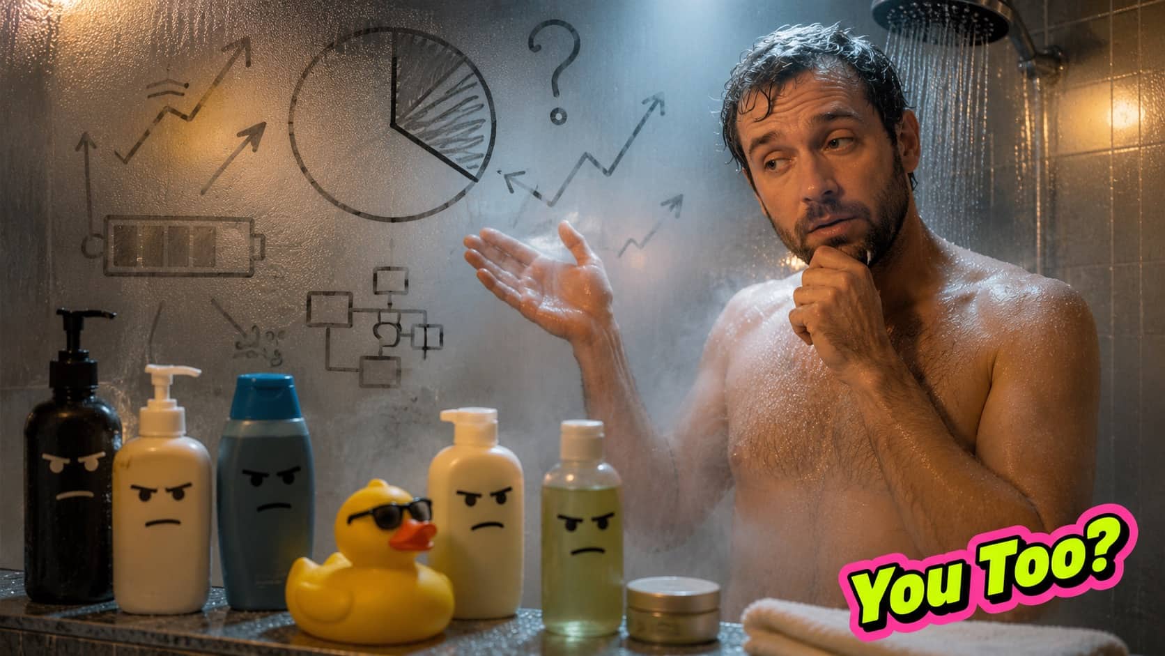 Man in a steaming shower drawing charts on glass surrounded by grumpy looking soap bottles.