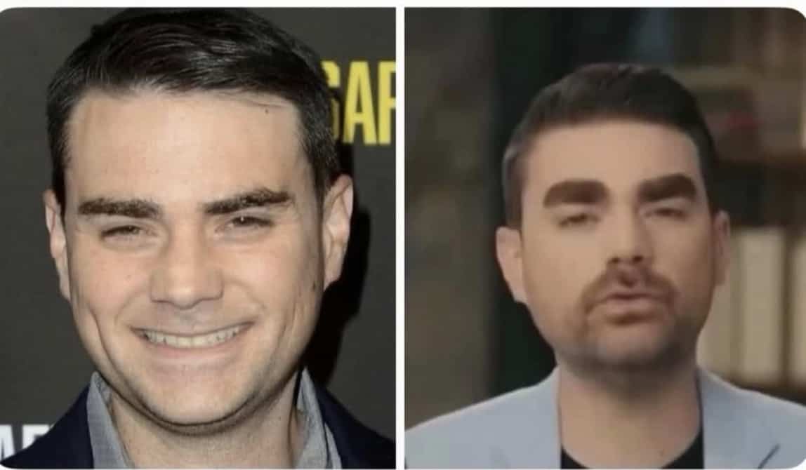 Side-by-side comparison of Ben Shapiro and a blurred person with similar facial features and eyebrows.