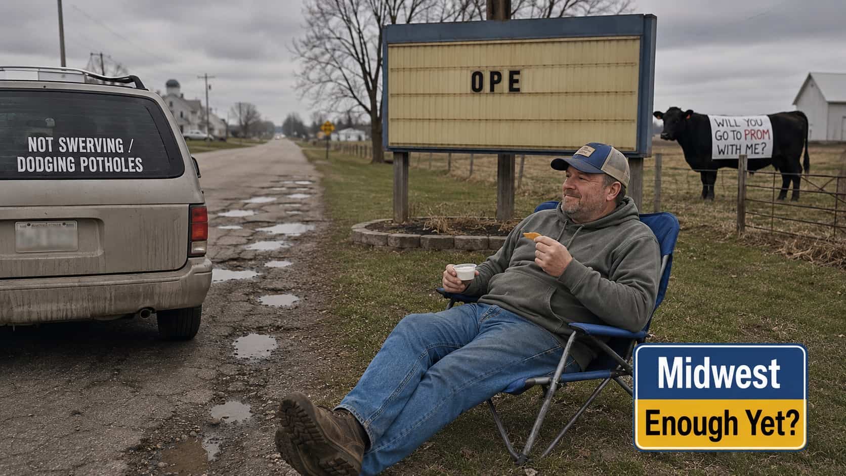 Man sitting in a lawn chair eating dip next to a pothole-filled country road.