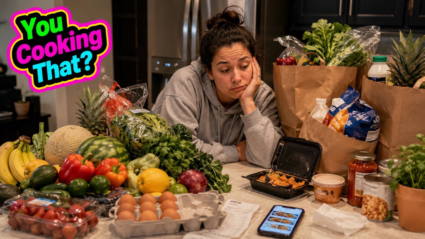 Tired woman looking at takeout food surrounded by raw ingredients capturing relatable grocery memes.