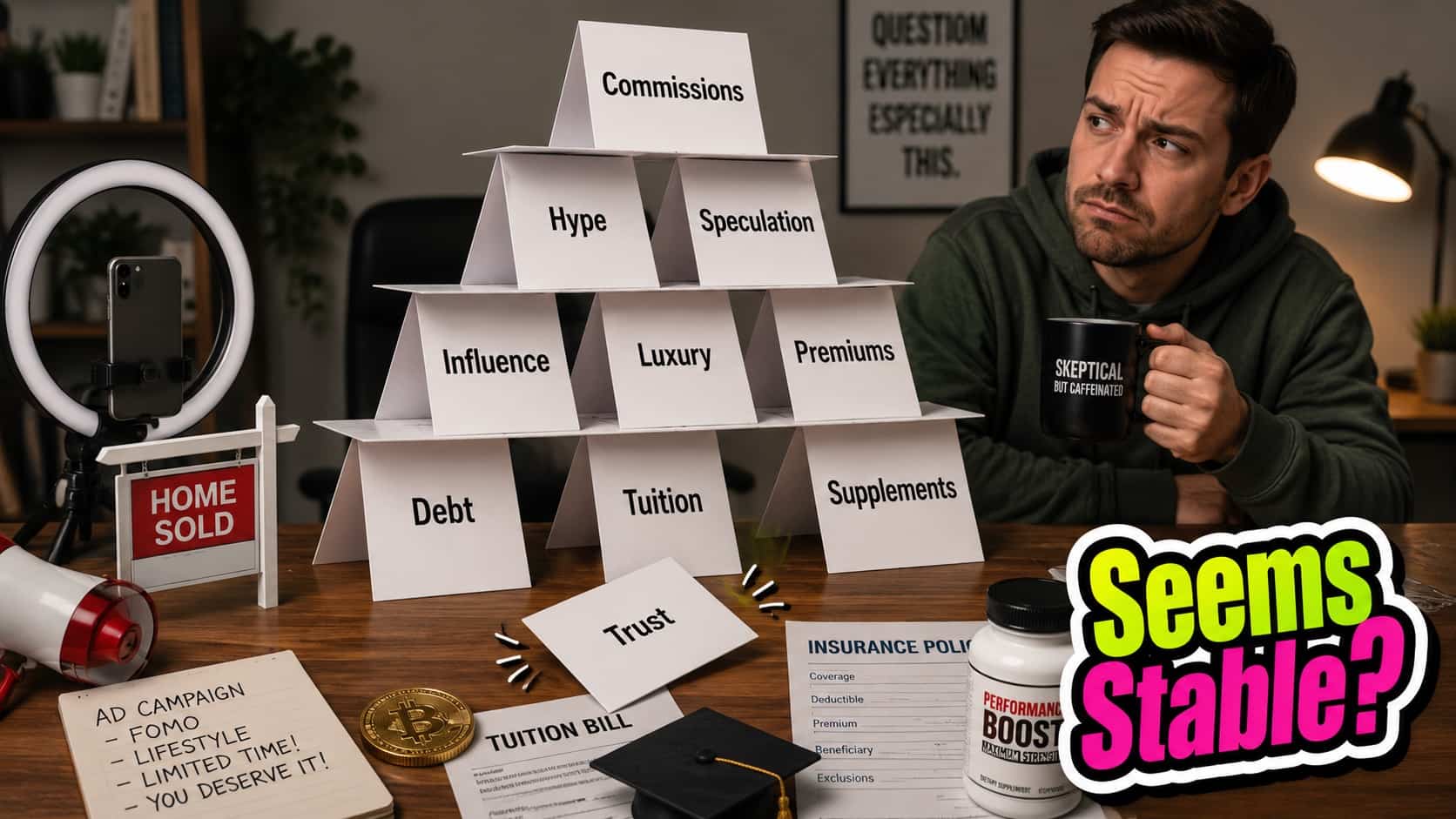 Man looking skeptically at house of cards built from cards labeled with various unstable industries.