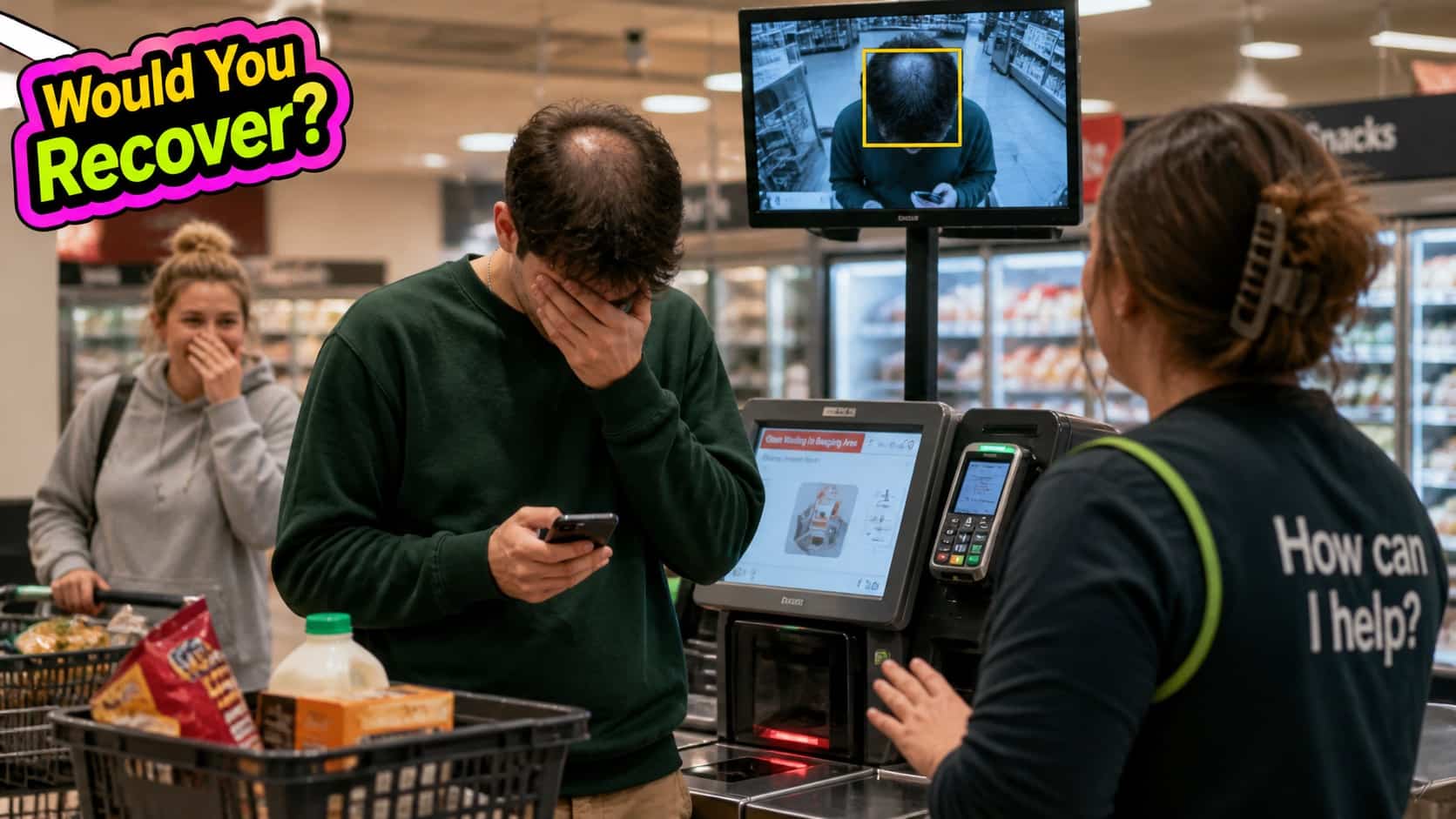 Painfully awkward moment at a grocery checkout where a man sees his bald spot on a security monitor.