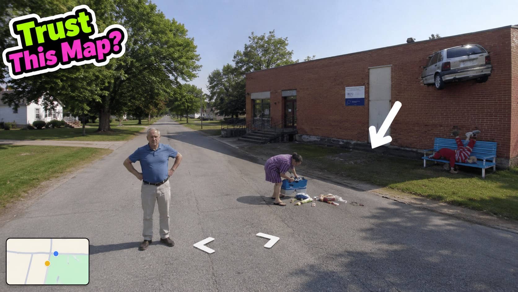 Glitchy street view map scene featuring a car embedded in a wall and distorted people.