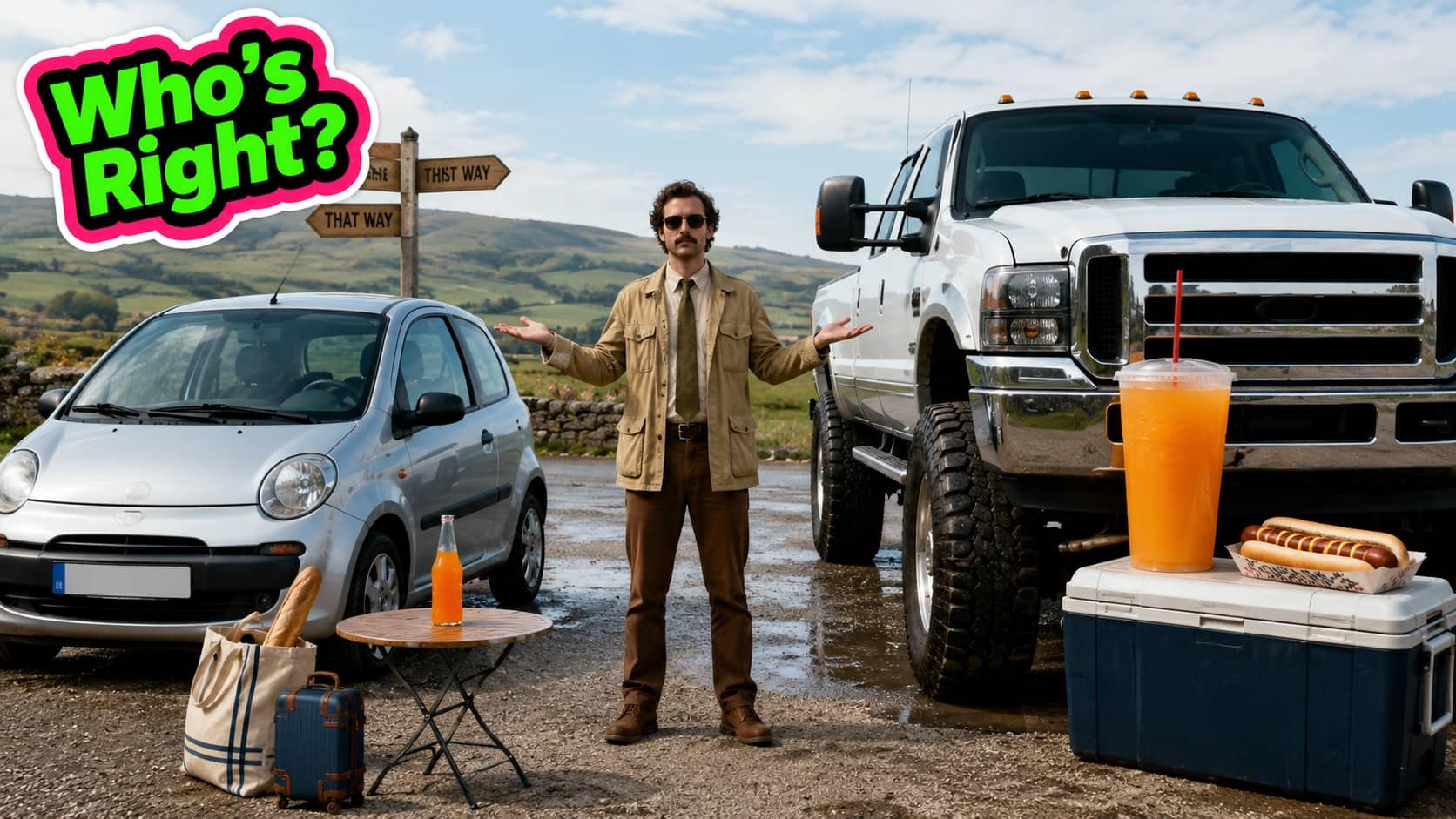 Man standing between a small European hatchback car and a massive American pickup truck.