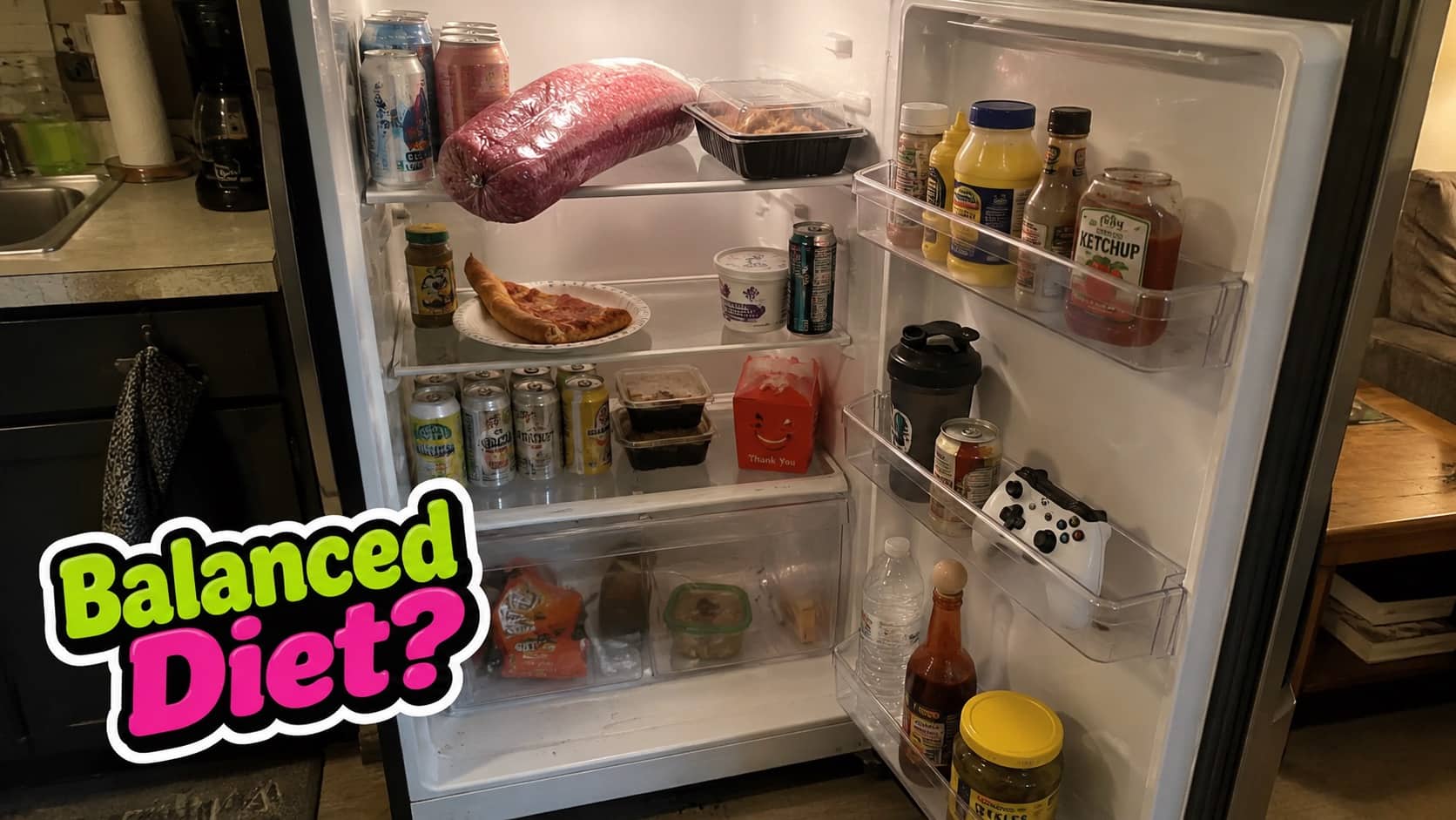 Interior of a messy refrigerator filled with beer, leftover pizza, a giant log of meat, and a controller.
