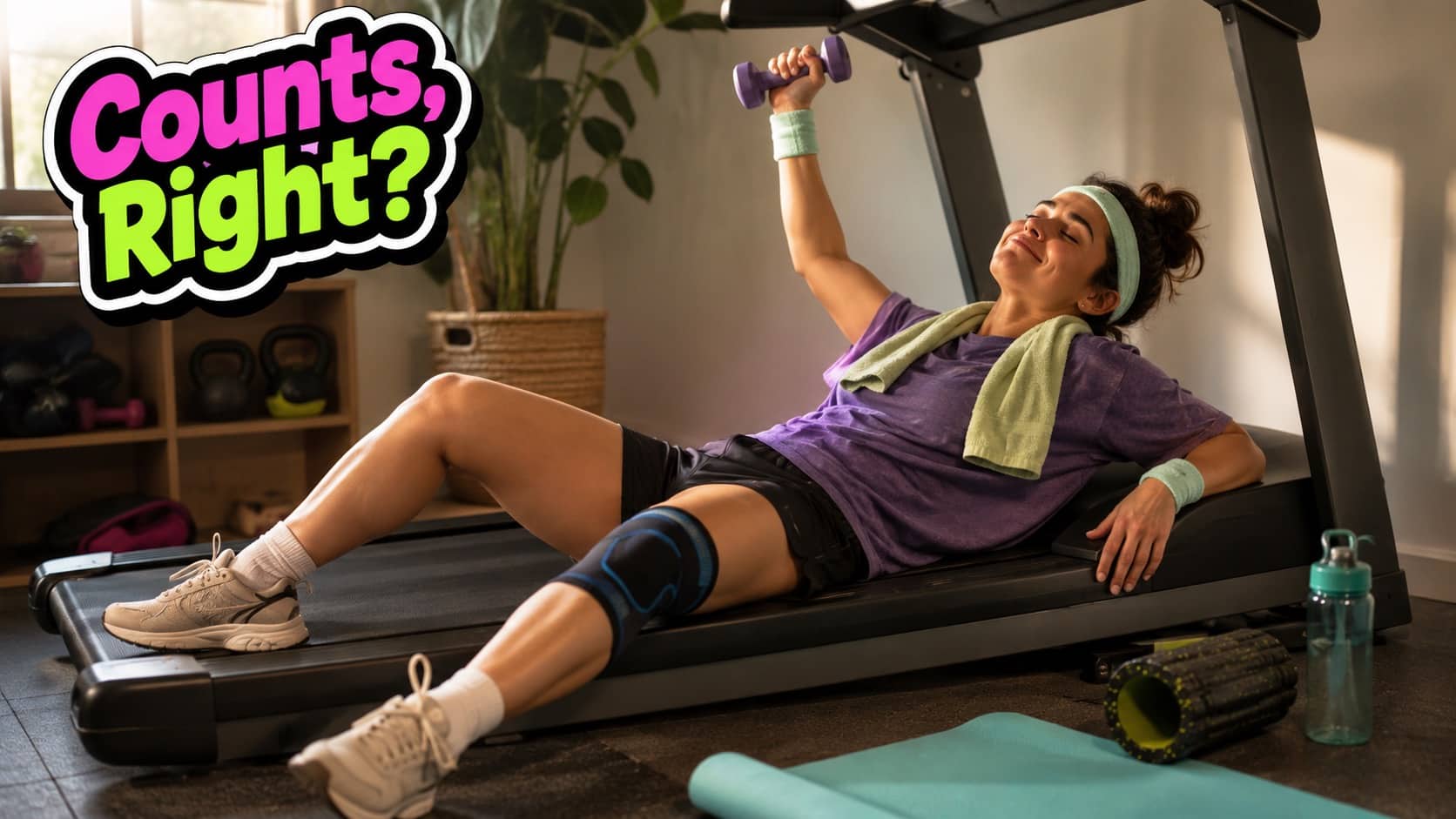 Tired woman holding a dumbbell while lying down on a treadmill with Counts Right text.