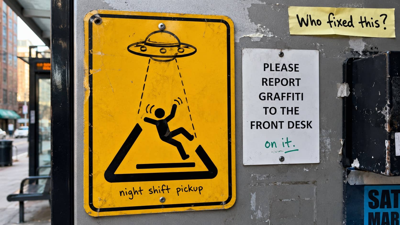 Funny graffiti altering a slippery surface sign into a UFO night shift pickup warning.