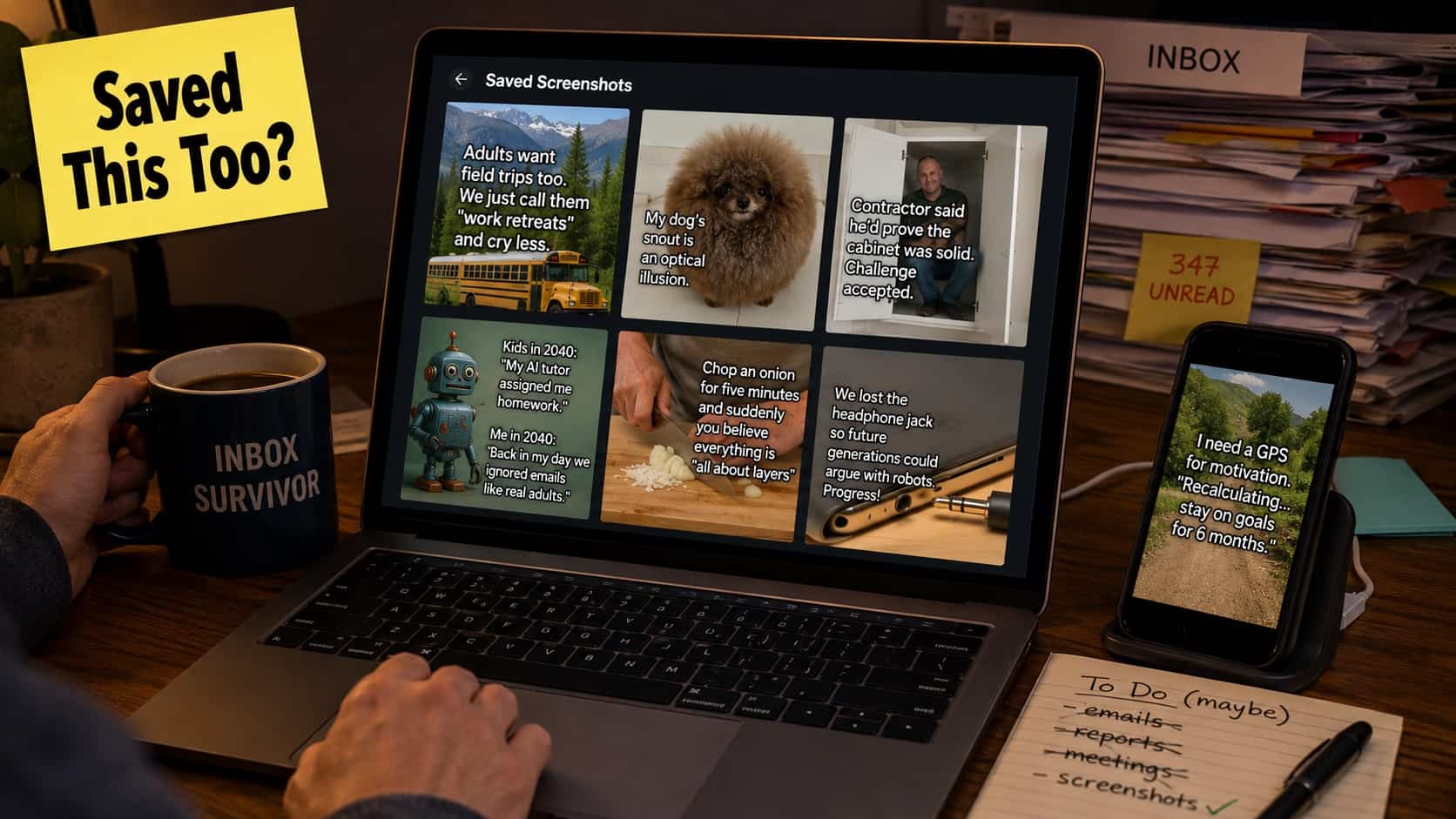 Laptop screen displaying a collection of saved funny screenshots and relatable daily life memes.