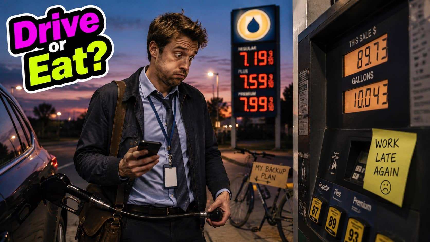 Stressed man looking at expensive gas prices while holding a nozzle at a petrol station at sunset.