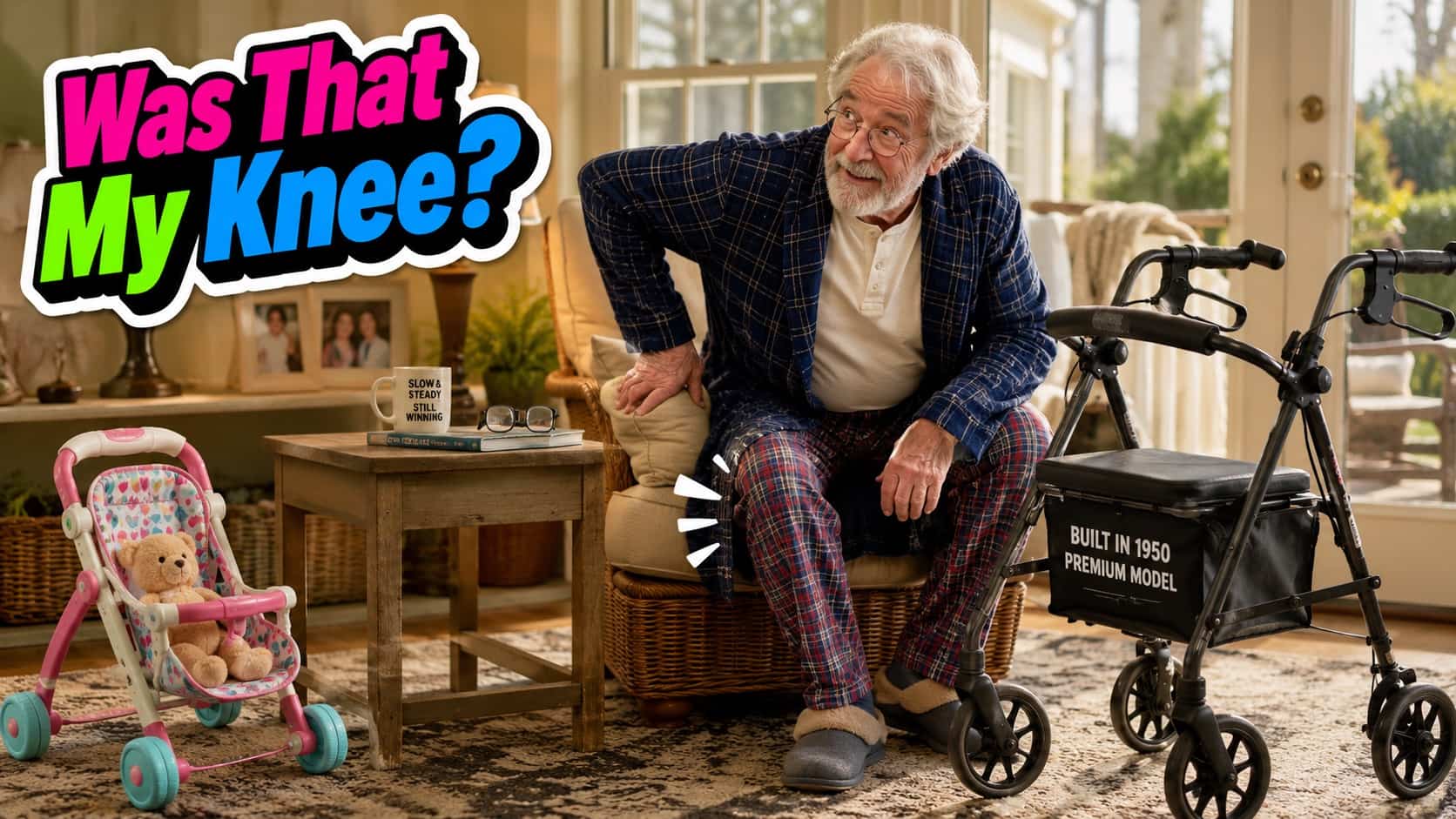 Senior man sitting in living room looking surprised at his clicking knee near his walker.