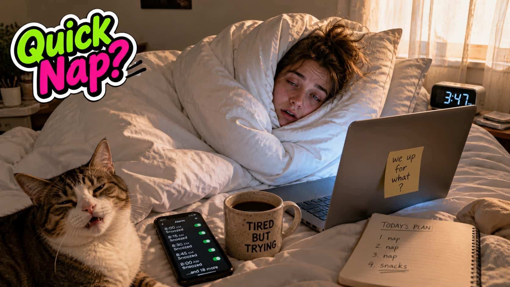 Relatable sleep memes showing a tired woman in bed with a cat, coffee, and many snoozed phone alarms.