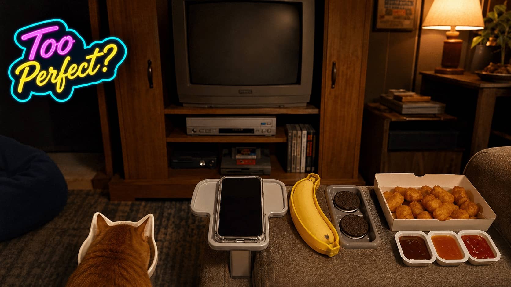Oddly satisfying items fitting perfectly on a couch armrest next to an old television set.