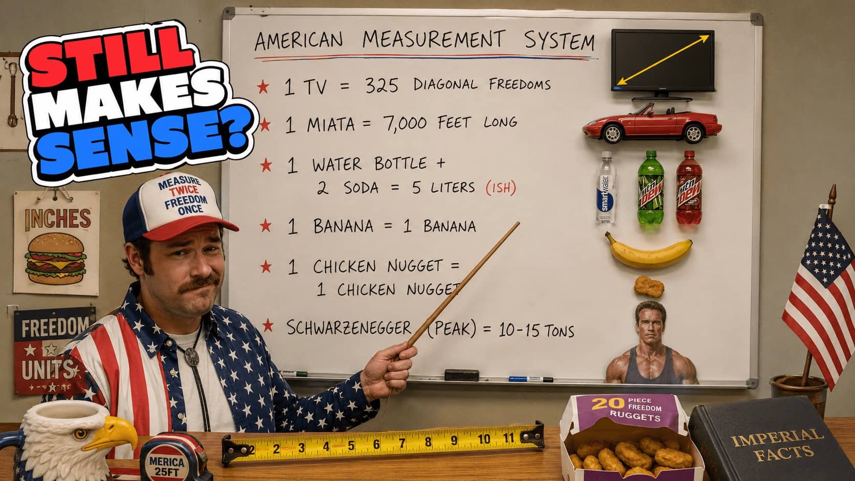 A man in patriotic clothing presenting a funny meme chart about the American measurement system.