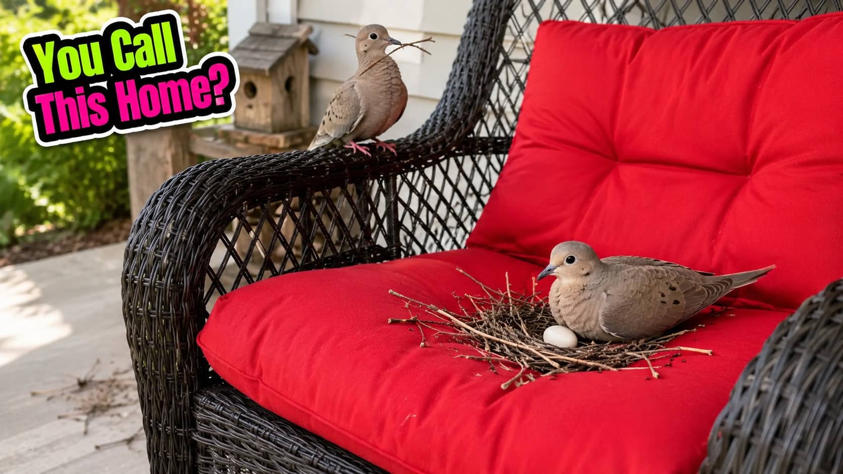 Mourning dove sitting on a red patio cushion next to a poorly constructed nest and one egg.
