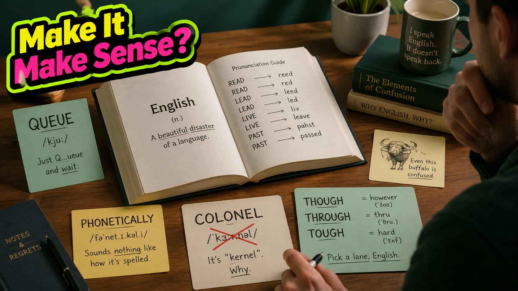 Desk with book and notes highlighting confusing English language pronunciations like colonel, queue, and though.