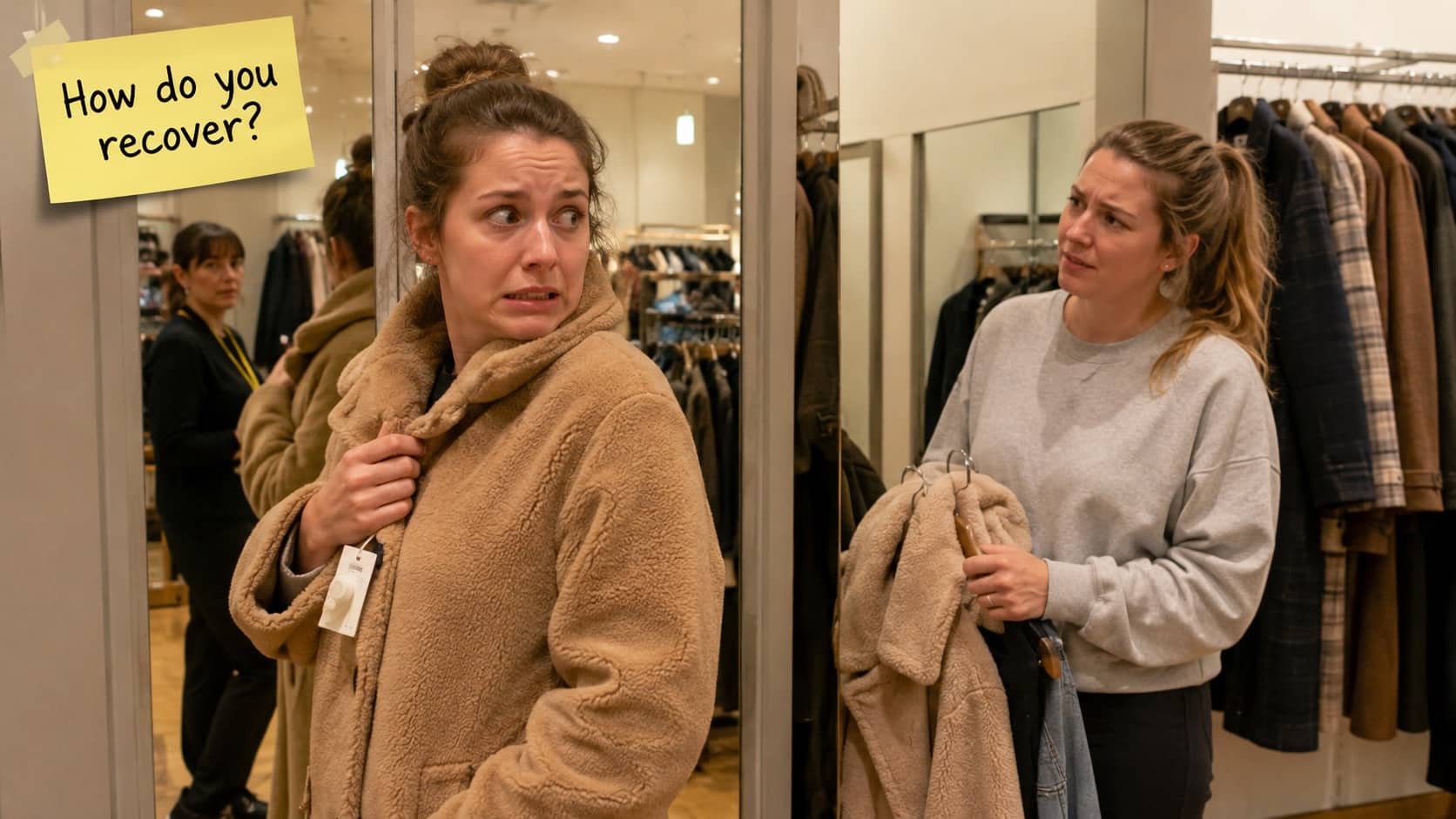 Awkward moment of a woman trying on a coat that someone else is holding.
