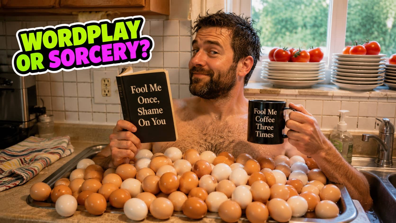 Shirtless man sitting in a sink full of eggs holding a book for funny cliche sayings.