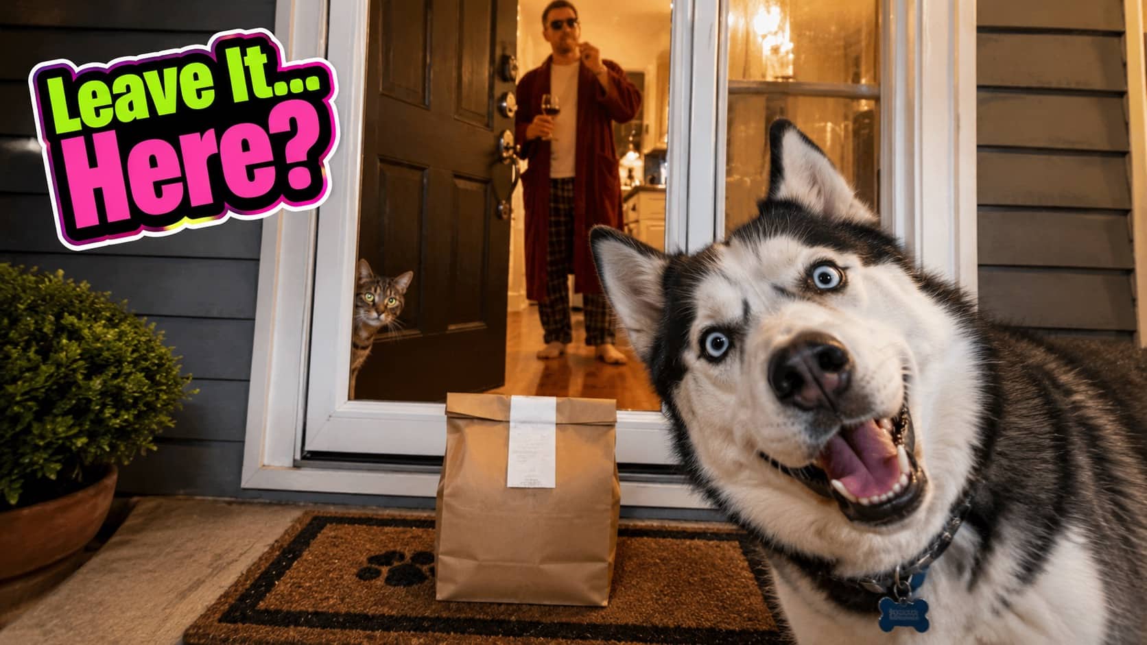 Excited husky dog looking at camera next to a food delivery bag on a front porch.