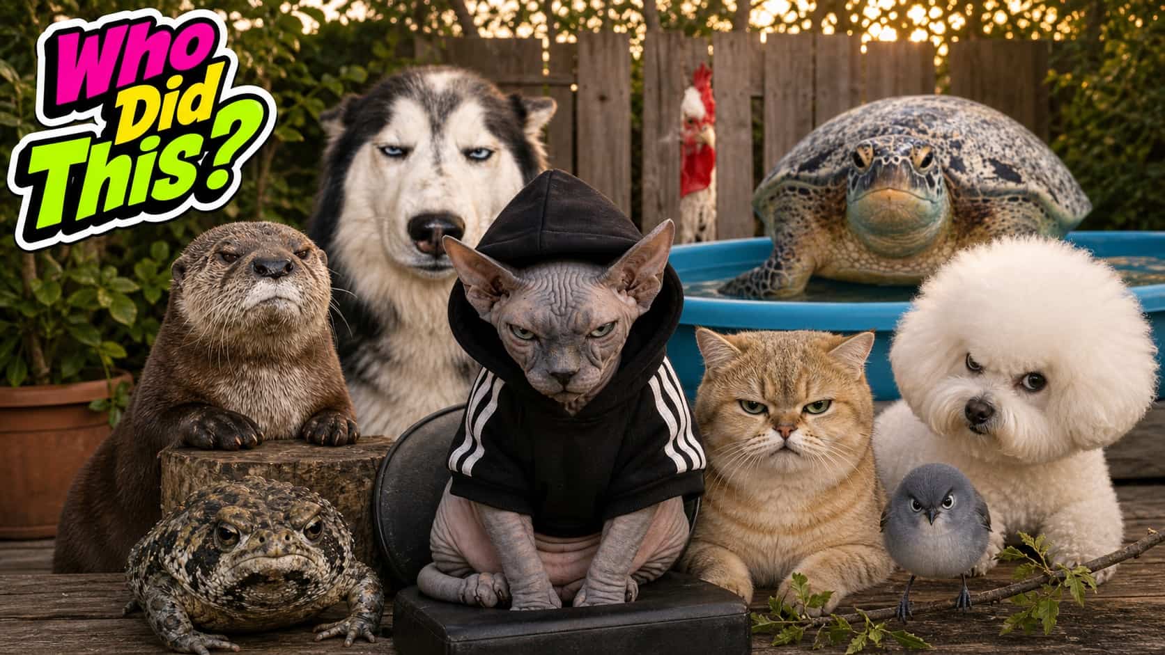 A group of grumpy animals including a cat in a hoodie and a turtle looking mad in a pool.