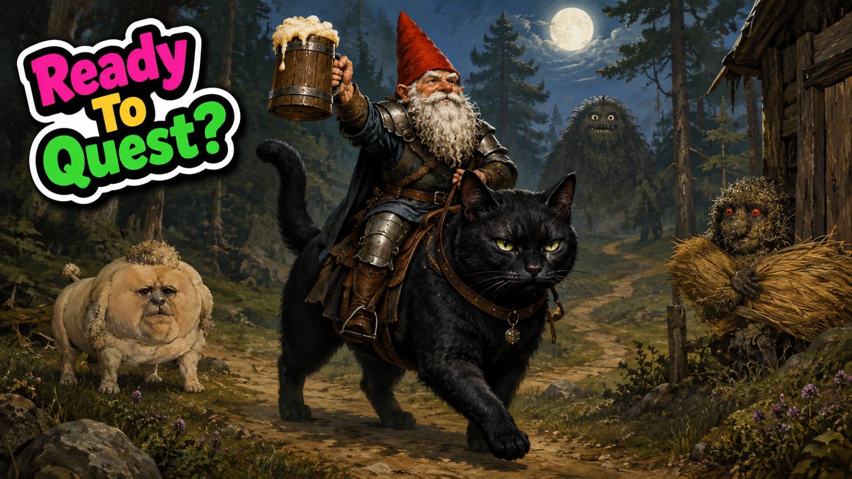 Fantasy gnome riding a large black cat through a dark forest filled with strange medieval creatures.