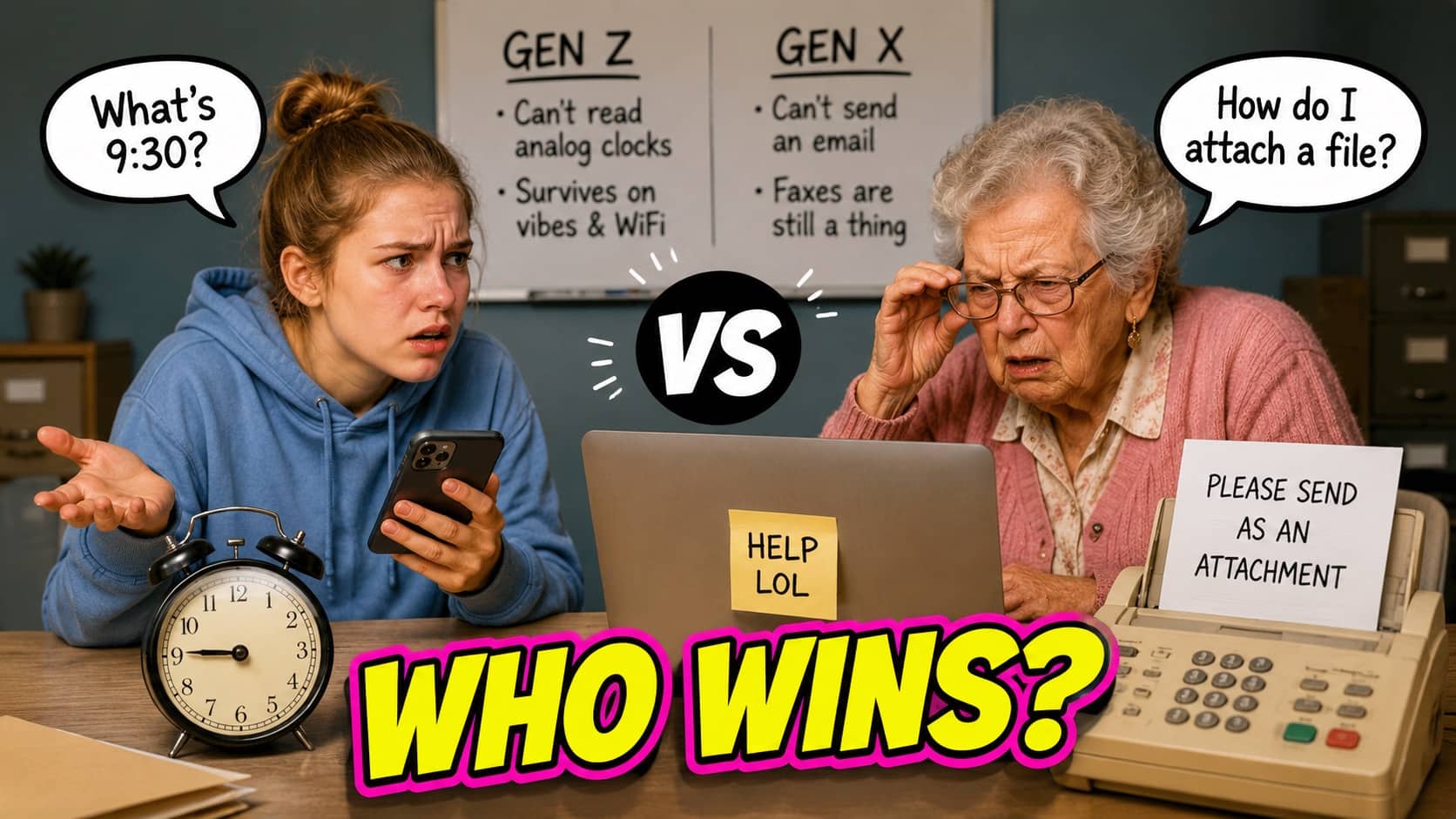 Gen Z girl and older woman struggling with technology with Who Wins text overlay.