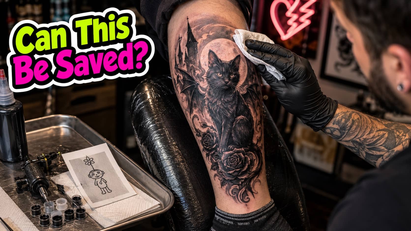 Tattoo artist working on an intricate black ink cat and rose coverup tattoo design.
