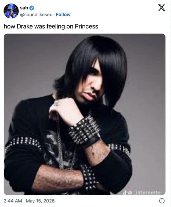 Drake album drop meme showing a modified photo of Drake with a jet-black emo "scene" haircut, heavy eyeliner, and spiked bracelets, captioned "how Drake was feeling on Princess."