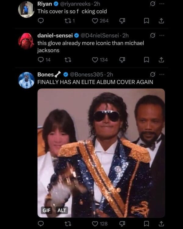 A Drake album drop meme screenshot of a tweet thread comparing the silver "ICEMAN" glove cover to Michael Jackson’s iconic style, with a GIF of MJ looking through sunglasses.