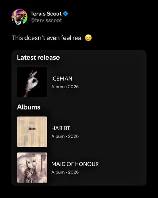 A Drake album drop meme showing a music app display with three full 2026 album releases titled "ICEMAN," "HABIBTI," and "MAID OF HONOUR," all released on the same day.