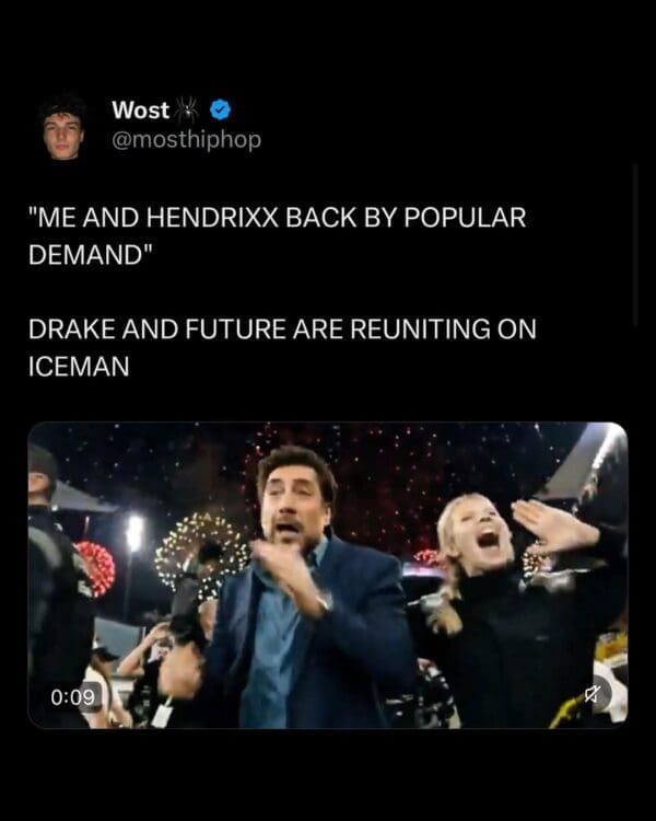 An energetic Drake album drop meme tweet celebrating Drake and Future (Hendrixx) reuniting on "ICEMAN," paired with a GIF of Javier Bardem enthusiastically celebrating in a crowd.
