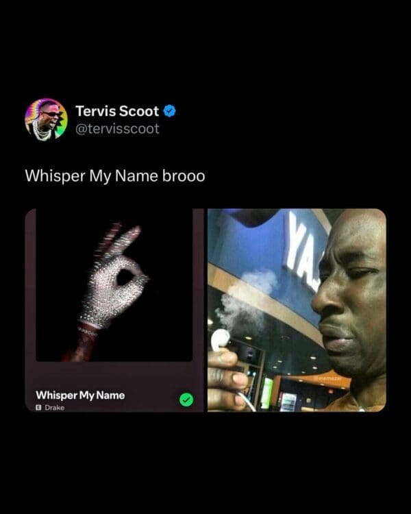 A moody Drake album drop meme for the track "Whisper My Name," featuring the sparkling silver glove cover art alongside a reaction image of smoke pouring out of a man’s earbud.