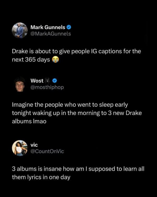 A Drake album drop meme collage of tweets discussing the sheer volume of the release, noting it provides Instagram captions for a full year while making it impossible to learn all the lyrics in a day.