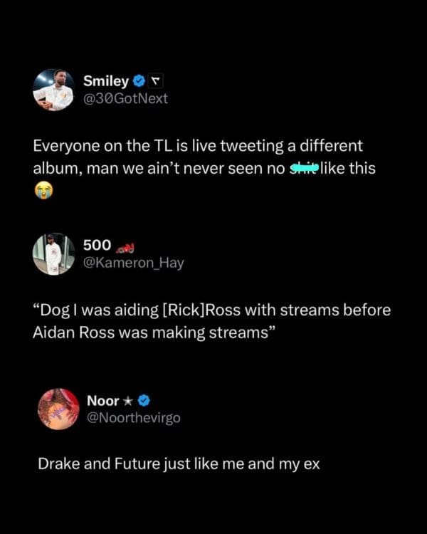 Drake album drop meme screenshot featuring a witty bar about "aiding [Rick] Ross" and streamer Adin Ross, alongside a user comparing the toxic chemistry of Drake and Future to their own relationship with an ex.