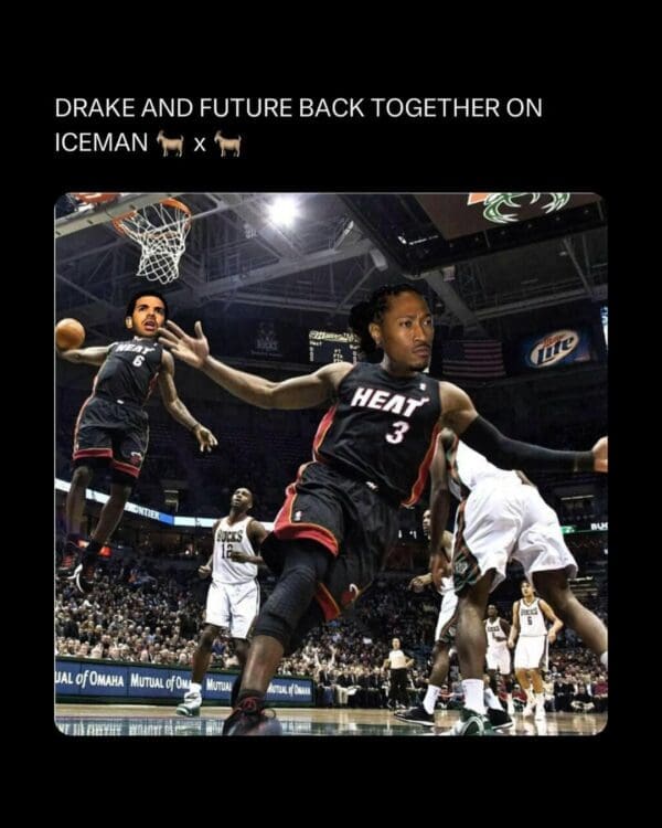 An iconic Drake album drop meme featuring the heads of Drake and Future photoshopped onto LeBron James and Dwyane Wade during their legendary Miami Heat fast-break dunk.
