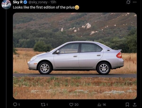 A screenshot from user sky_roney delivers a deadpan punchline for a Ferrari Luce meme by showcasing a clean side profile photo of a generic silver first-generation Toyota Prius sedan.