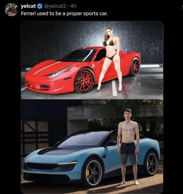 A two-panel social media graphic by user yelcat2 frames a nostalgic Ferrari Luce meme, contrasting a classic, low-profile internal combustion sports car next to a fitness model against the new electric car paired with an ordinary, awkwardly posing young man.