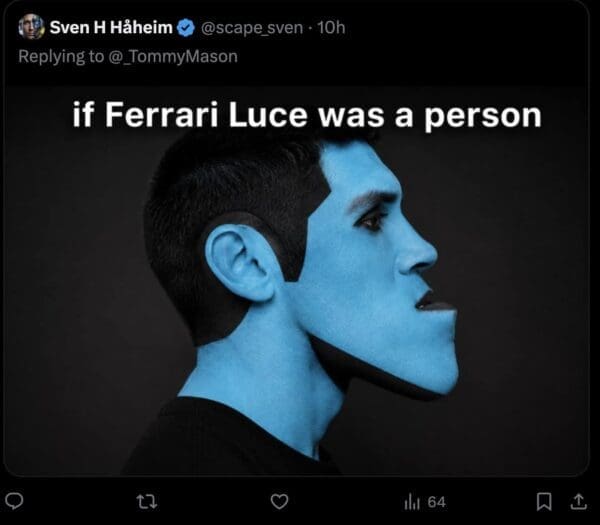 An amusing X screenshot by user Sven H Håheim serves as a viral Ferrari Luce meme, comparing the car's blocky, monochromatic styling to a profile portrait of a man fully painted in blue with a massive, exaggerated angular chin.