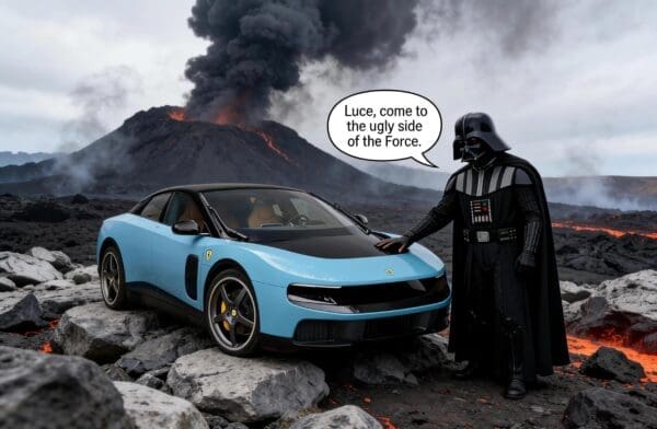 A cinematic Ferrari EV meme places the baby blue vehicle into a smoking, lava-filled volcanic landscape next to Darth Vader, who touches the front hood with a customized speech bubble reading, "Luce, come to the ugly side of the Force."