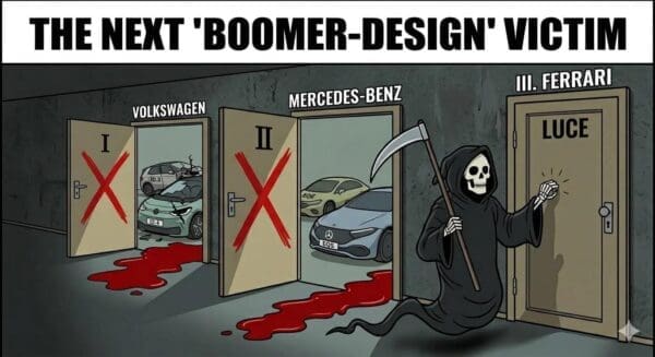 A dark satirical cartoon comic strip titled "THE NEXT 'BOOMER-DESIGN' VICTIM" serves as a definitive Ferrari Luce meme, depicting the Grim Reaper knocking on a door marked "III. FERRARI LUCE" after successfully executing electric cars by Volkswagen and Mercedes-Benz.
