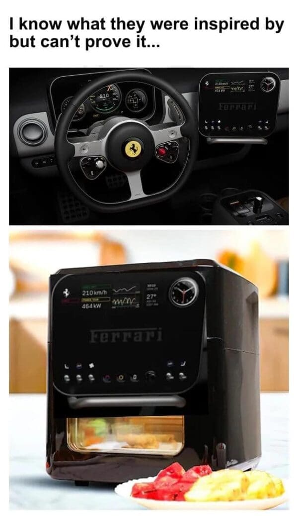 An absolute roast of a Ferrari EV meme compares the car's square infotainment screen and circular corner dial to a high-end black kitchen air fryer featuring the exact same user interface photoshopped onto it.