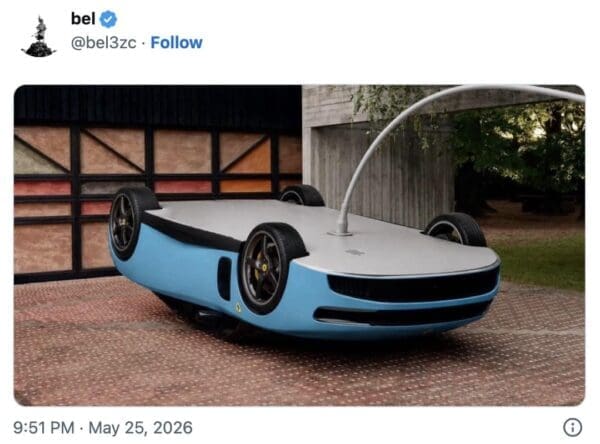 A photoshopped Ferrari EV meme depicts the baby blue supercar flipped completely upside down on its roof with a giant slot-car track power pin sticking straight out of its undercarriage.