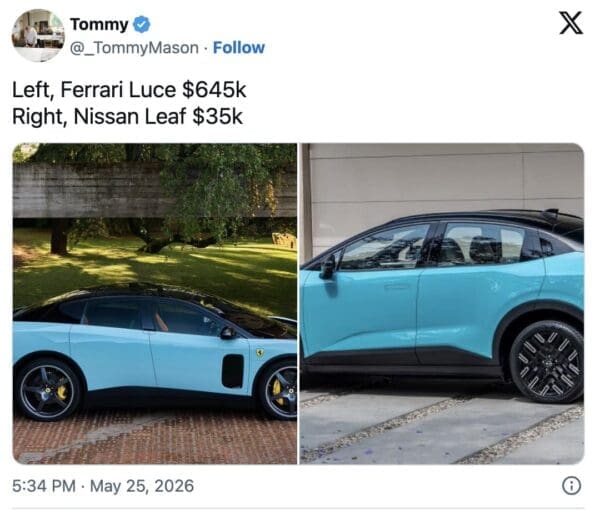 A side-by-side comparison tweet frames a brutal Ferrari Luce meme, contrasting the side profile of the $645,000 luxury electric vehicle against a standard blue economy EV crossover to highlight their shocking stylistic similarities.