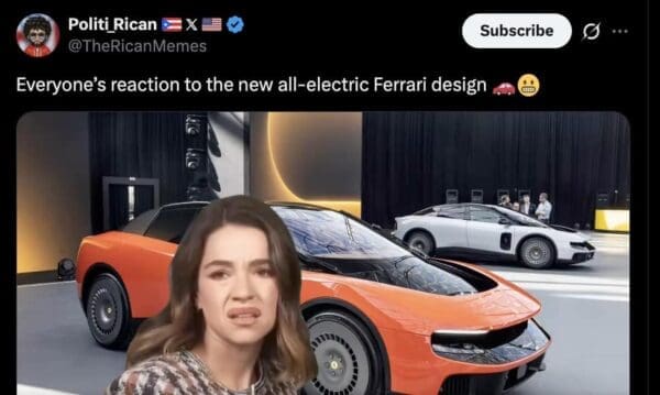 A trending social media post from user Politi_Rican highlights a Ferrari Luce meme where a woman's deeply disgusted cringing expression is superimposed over a live stage presentation of orange and silver models.