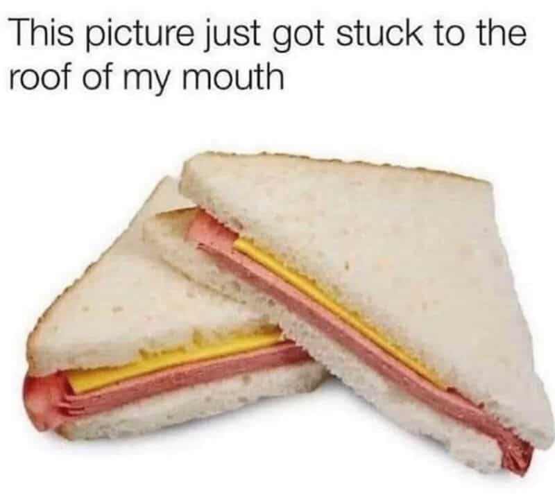 A sensory-trigger Gen X meme of a plain bologna and yellow American cheese sandwich on white bread, with text claiming that the mere sight of the picture makes the sandwich stick to the roof of your mouth.