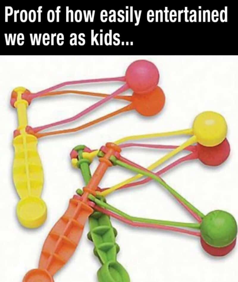 A classic Gen X meme showing "clackers"—two colorful plastic balls on a handle—used as evidence of how easily entertained children were before the internet.
