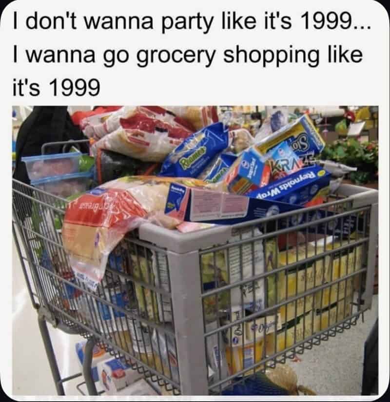 An economic Gen X meme showing a shopping cart overflowing with groceries, captioned with the desire to go "grocery shopping like it's 1999" rather than partying.
