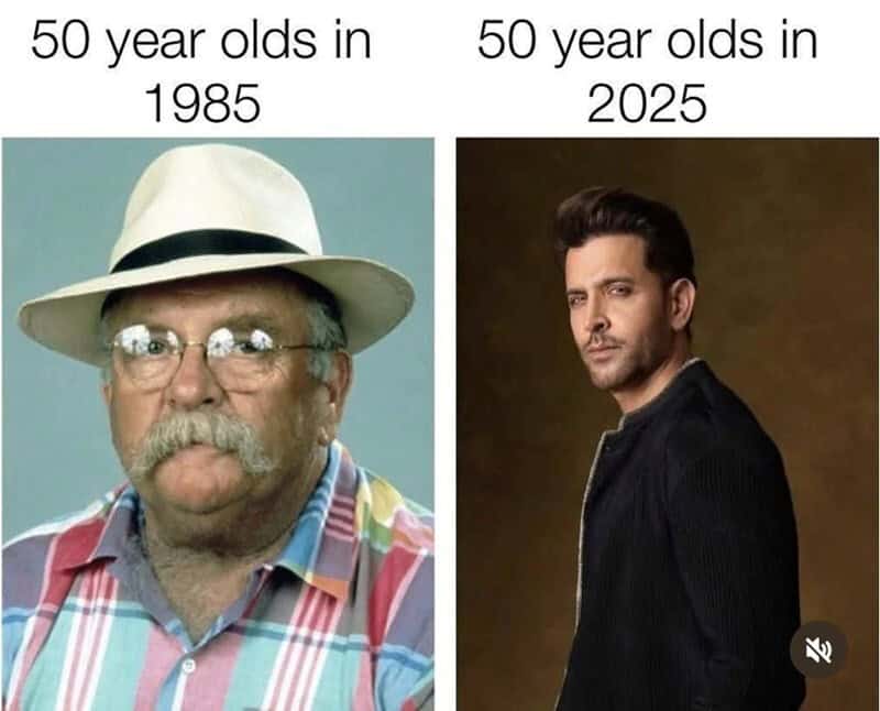 A shocking age-comparison Gen X meme showing Wilford Brimley in 1985 (looking like a grandfather at 50) contrasted with a modern, fit 50-year-old in 2025.